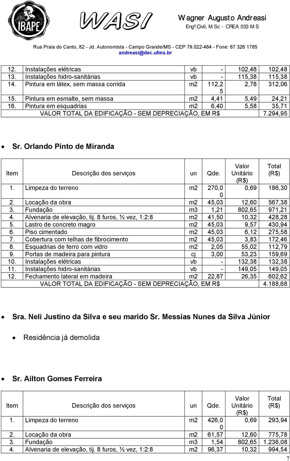 Orlando Pinto de Miranda Item Descrição dos serviços un Qde. Valor Unitário (R$) Total (R$) 1. Limpeza do terreno m2 27,,69 186,3 2. Locação da obra m2 45,3 12,6 567,38 3.