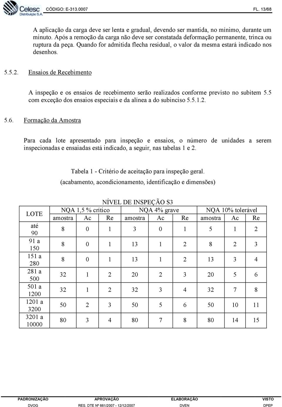 Ensaios de Recebimento A inspeção e os ensaios de recebimento serão realizados conforme previsto no subitem 5.5 com exceção dos ensaios especiais e da alínea a do subinciso 5.5.1.2. 5.6.