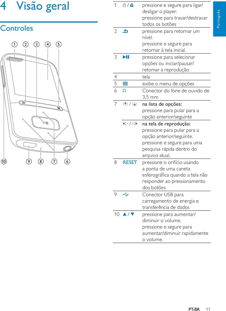 3 pressione para selecionar opções ou iniciar/pausar/ retomar a reprodução 4 tela 5 exibe o menu de opções 6 Conector do fone de ouvido de 3,5 mm 7 / na lista de opções: pressione para pular para a