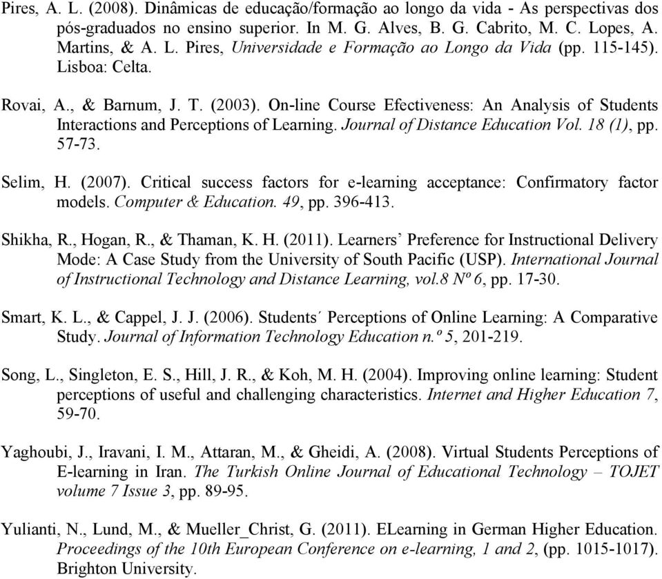 18 (1), pp. 57-73. Selim, H. (2007). Critical success factors for e-learning acceptance: Confirmatory factor models. Computer & Education. 49, pp. 396-413. Shikha, R., Hogan, R., & Thaman, K. H. (2011).