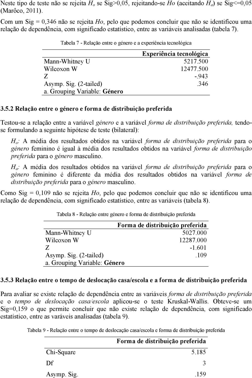 Tabela 7 - Relação entre o género e a experiência tecnológica Experiência tecnológica Mann-Whitney U 52