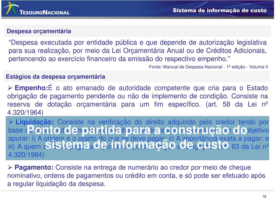 Estágios da despesa orçamentária Fonte: Manual de Despesa Nacional - 1ª edição - Volume II Empenho:É o ato emanado de autoridade competente que cria para o Estado obrigação de pagamento pendente ou