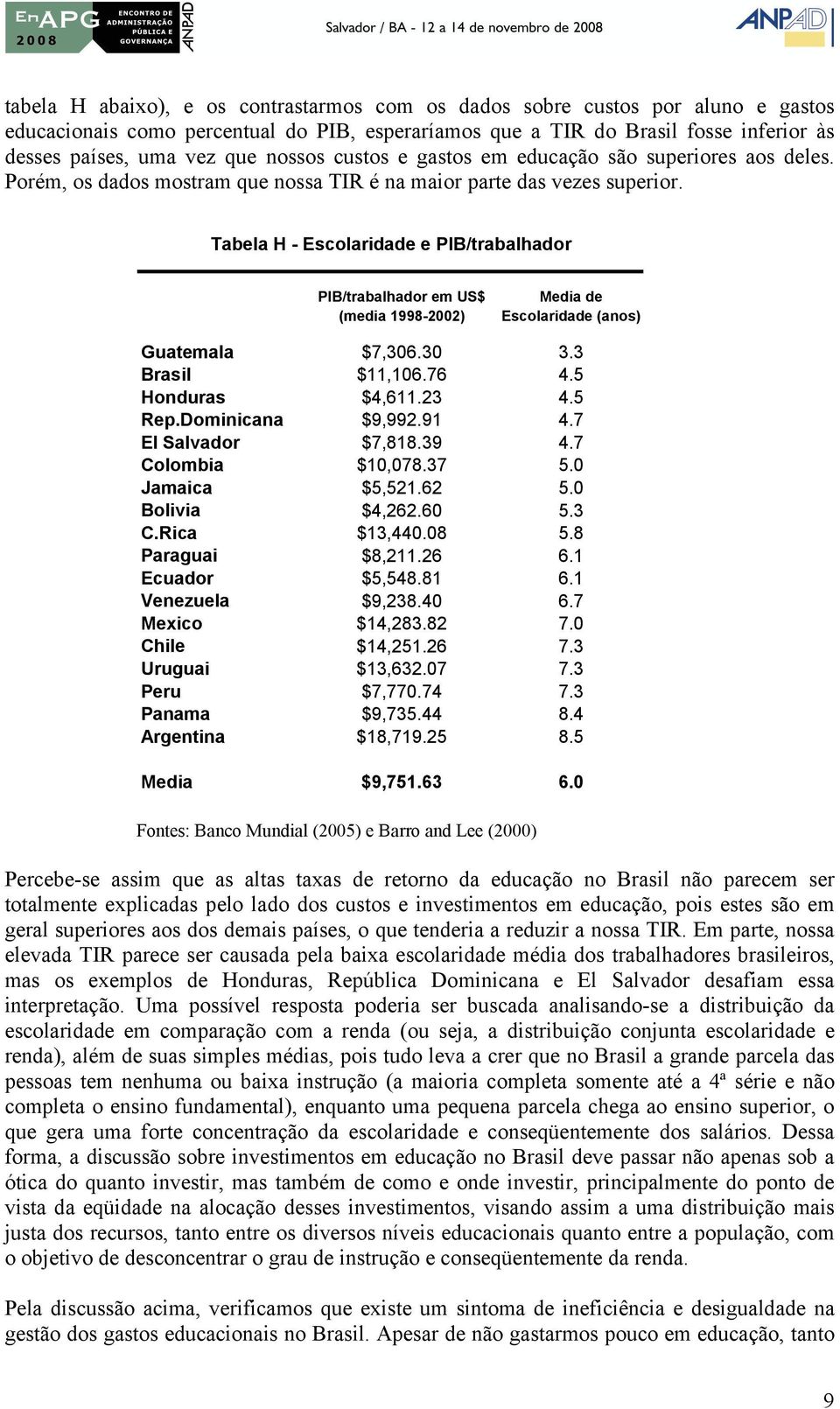 Tabela H - Escolaridade e PIB/trabalhador PIB/trabalhador em US$ (media 1998-2002) Media de Escolaridade (anos) Guatemala $7,306.30 3.3 Brasil $11,106.76 4.5 Honduras $4,611.23 4.5 Rep.