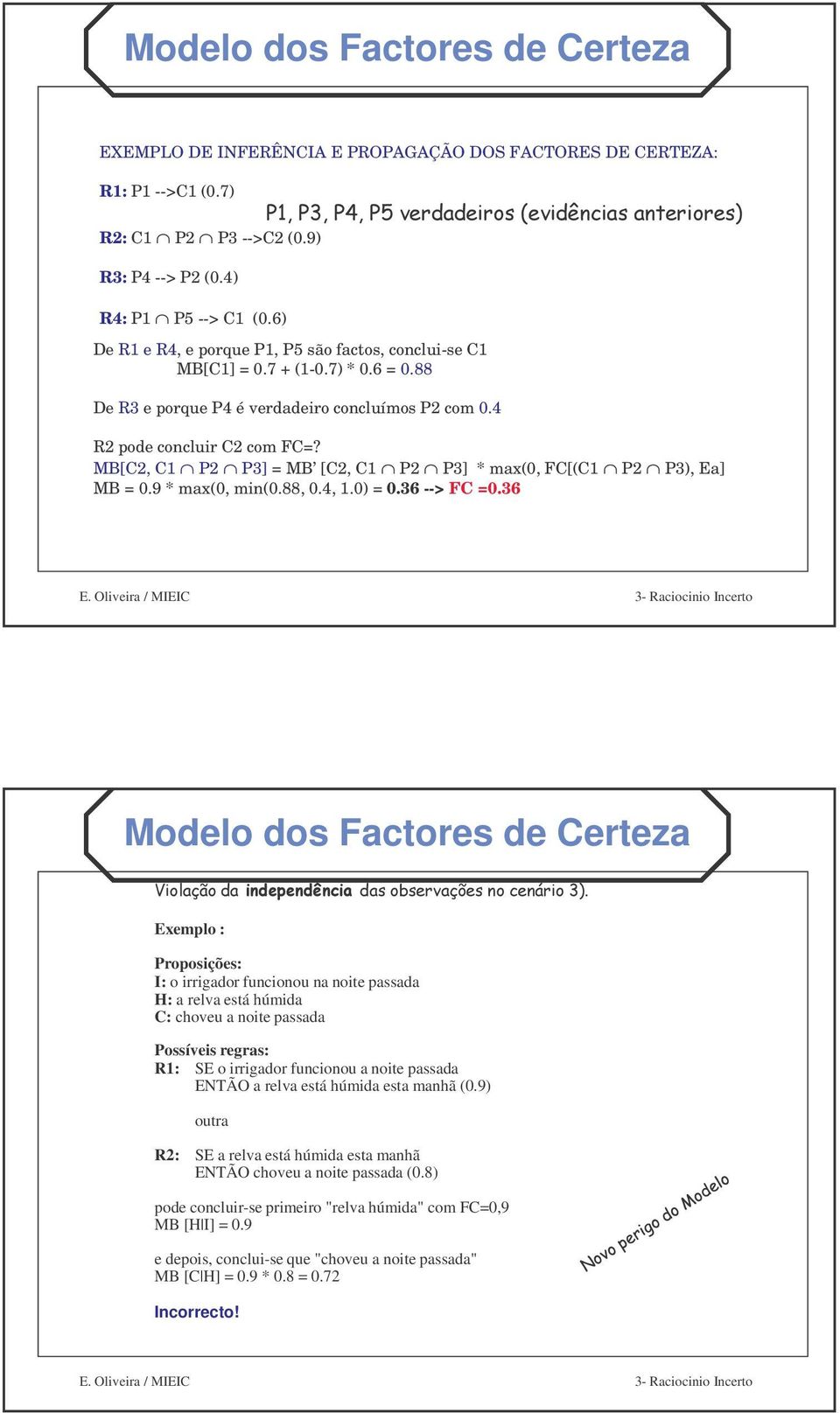 MB[C2, C1 P2 P3] = MB [C2, C1 P2 P3] * max(0, FC[(C1 P2 P3), Ea] MB = 0.9 * max(0, min(0.88, 0.4, 1.0) = 0.36 --> FC =0.36 Modelo dos Factores de Certeza = *1!'&'7!#.