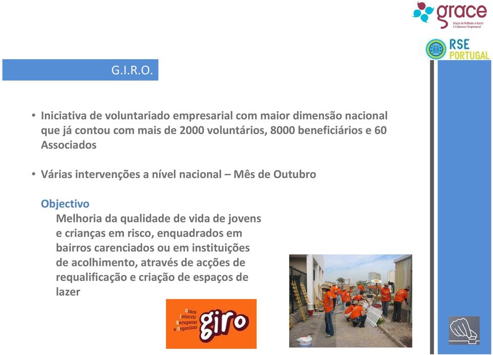 voluntários, 8000 beneficiários e 60 Associados Várias intervenções a nível nacional Mês de Outubro