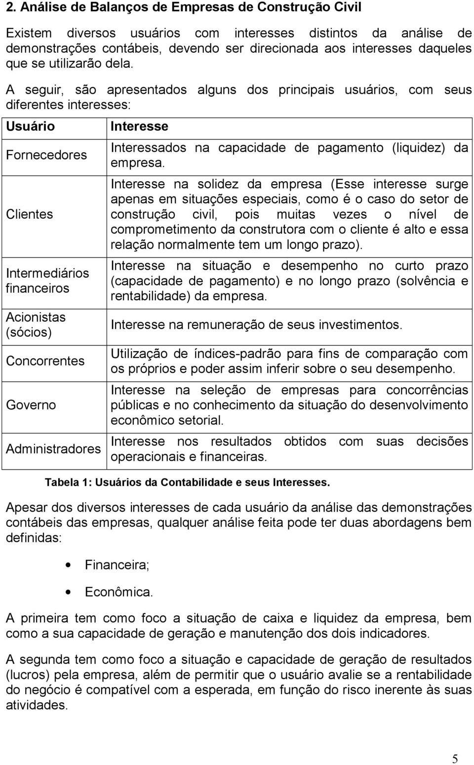 A seguir, são apresentados alguns dos principais usuários, com seus diferentes interesses: Usuário Interesse Fornecedores Clientes Intermediários financeiros Acionistas (sócios) Concorrentes Governo