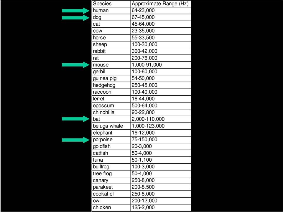 500-64,000 chinchilla 90-22,800 bat 2,000-110,000 beluga whale 1,000-123,000 elephant 16-12,000 porpoise 75-150,000 goldfish 20-3,000 catfish