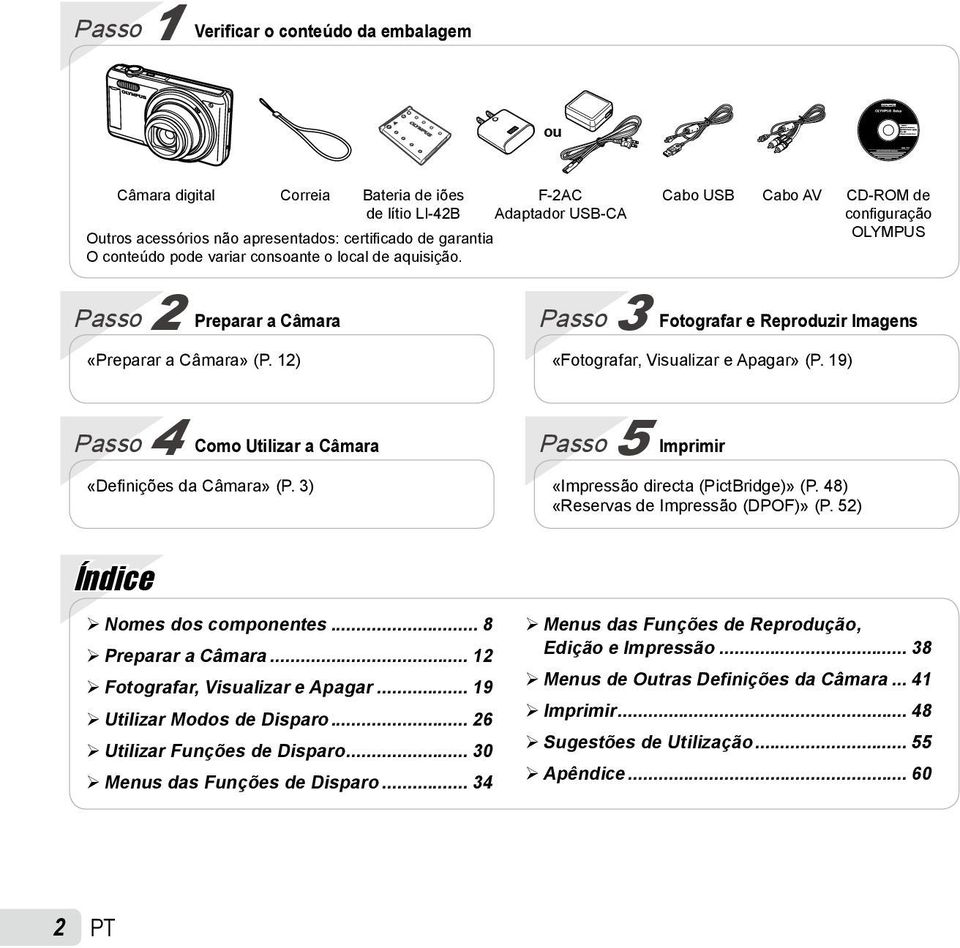 12) Passo 3 Fotografar e Reproduzir Imagens «Fotografar, Visualizar e Apagar» (P. 19) Passo 4 Como Utilizar a Câmara «Definições da Câmara» (P. 3) Passo 5 Imprimir «Impressão directa (PictBridge)» (P.