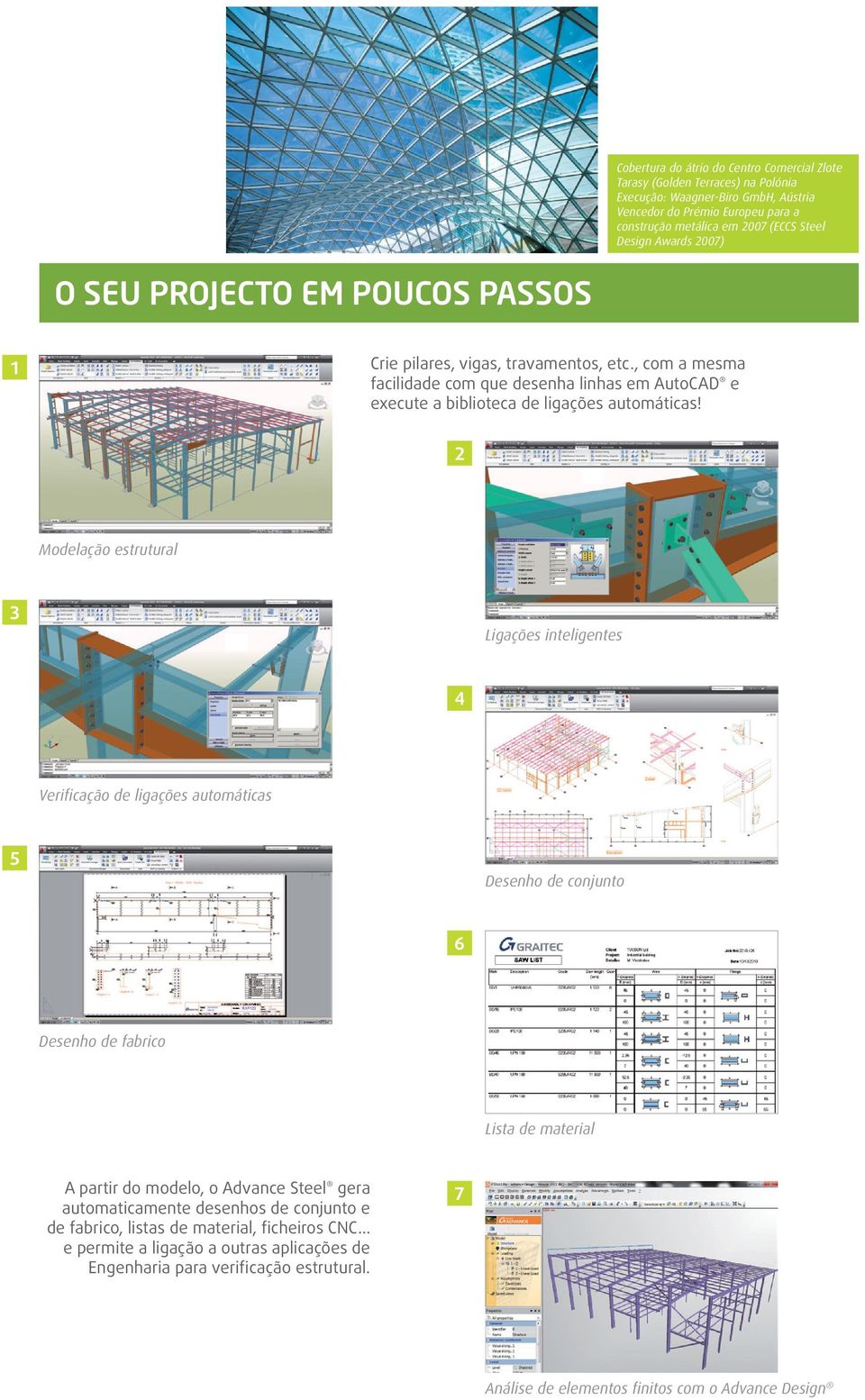 2 Modelação estrutural 3 Ligações inteligentes 4 Verificação de ligações automáticas 5 Desenho de conjunto 6 Desenho de fabrico Lista de material A partir do modelo, o Advance Steel gera