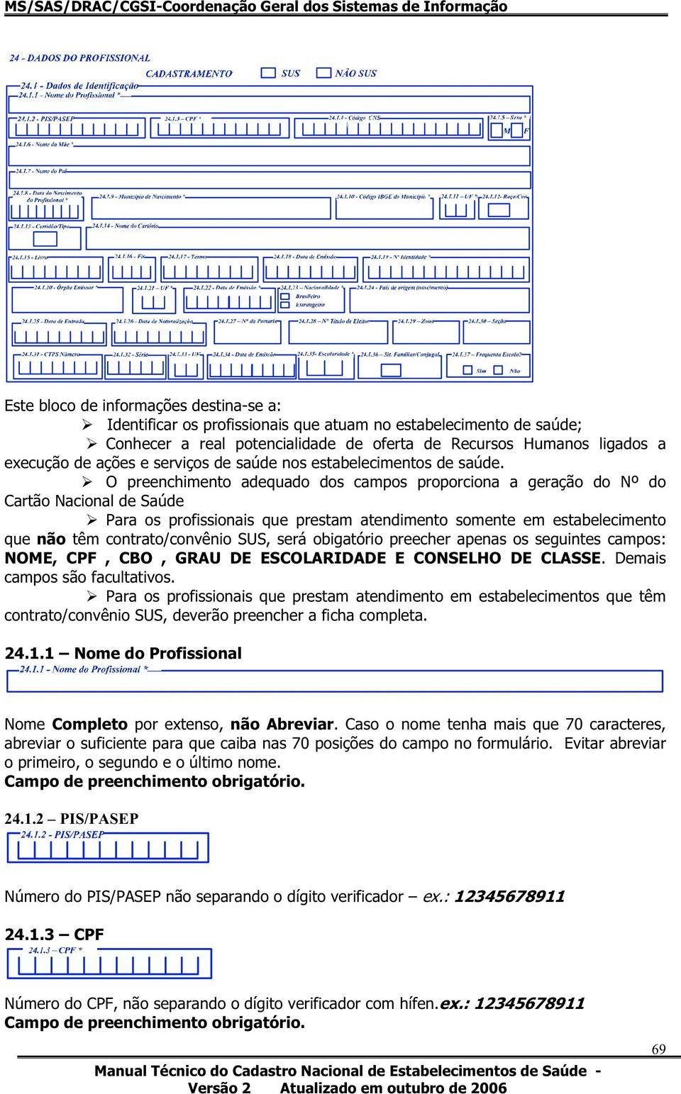 O preenchimento adequado dos campos proporciona a geração do Nºdo Cartão Nacional de Saúde Para os profissionais que prestam atendimento somente em estabelecimento que não têm contrato/convênio