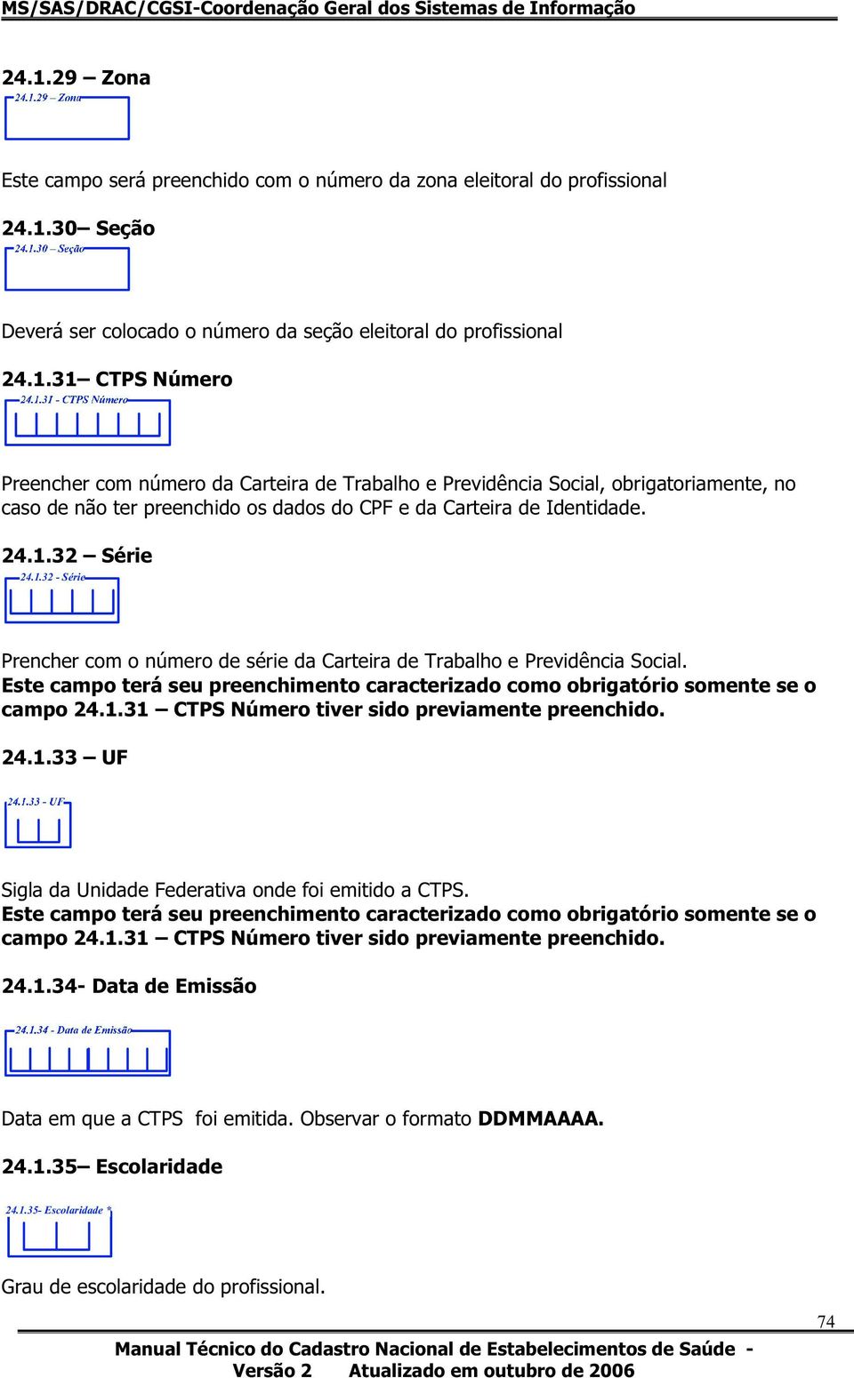 24.1.33 UF Sigla da Unidade Federativa onde foi emitido a CTPS. Este campo terá seu preenchimento caracterizado como obrigatório somente se o campo 24.1.31 CTPS Número tiver sido previamente preenchido.