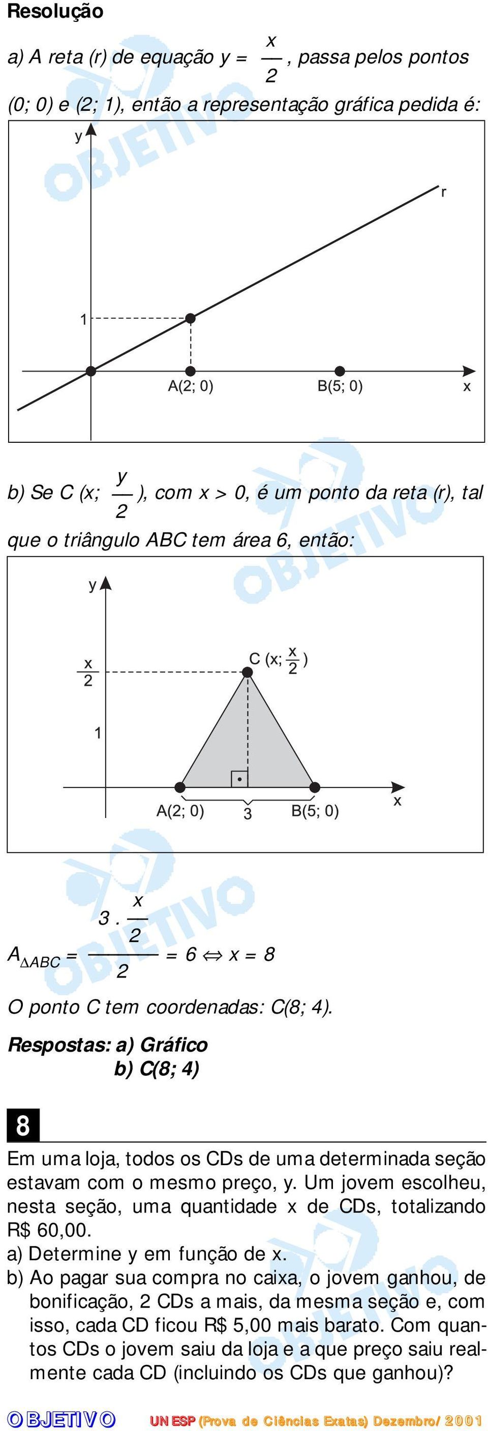 Respostas: a) Gráfico b) C(8; 4) 8 Em uma loja, todos os CDs de uma determinada seção estavam com o mesmo preço, y.