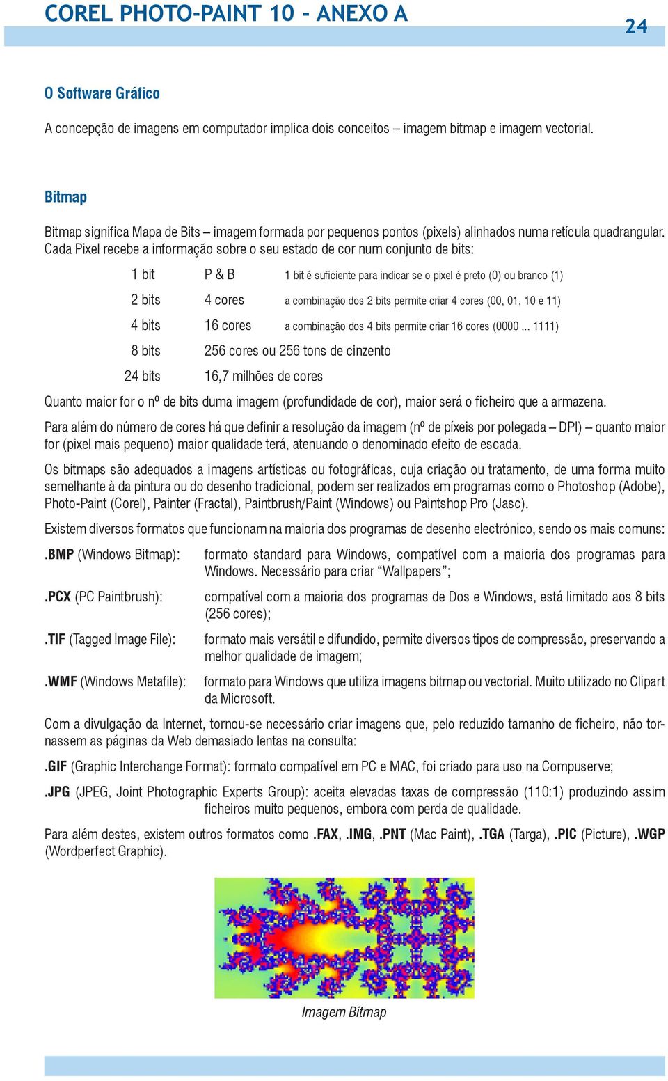 Cada Pixel recebe a informação sobre o seu estado de cor num conjunto de bits: 1 bit P & B 1 bit é suficiente para indicar se o pixel é preto (0) ou branco (1) 2 bits 4 cores a combinação dos 2 bits