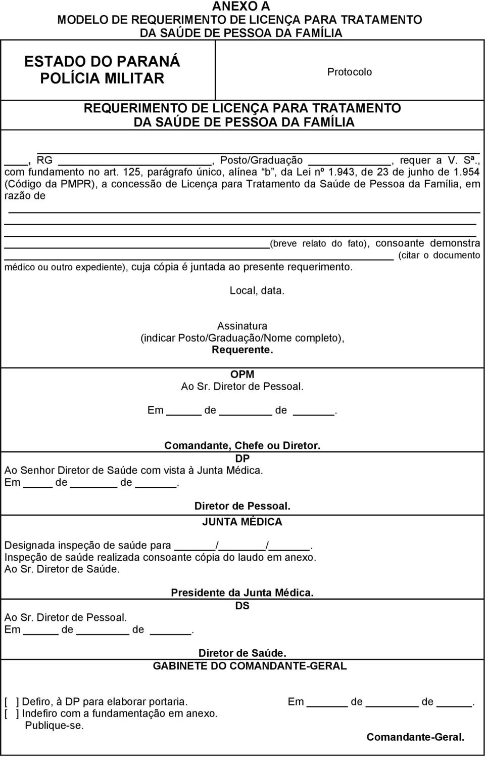 954 (Código da PMPR), a concessão de Licença para Tratamento da Saúde de Pessoa da Família, em razão de (breve relato do fato), consoante demonstra (citar o documento médico ou outro expediente),