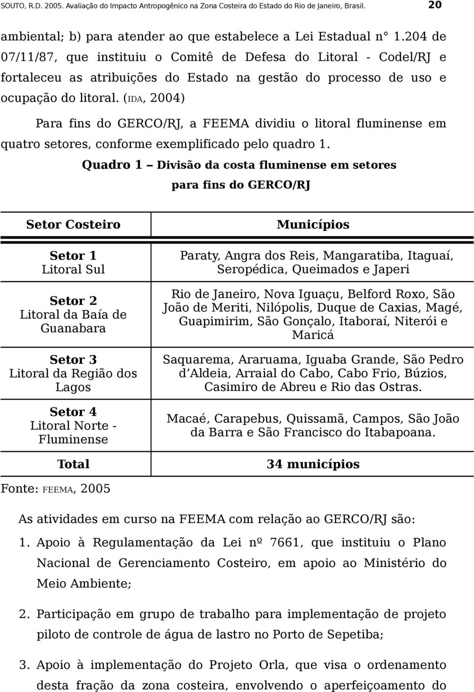 (IDA, 2004) Para fins do GERCO/RJ, a FEEMA dividiu o litoral fluminense em quatro setores, conforme exemplificado pelo quadro 1.