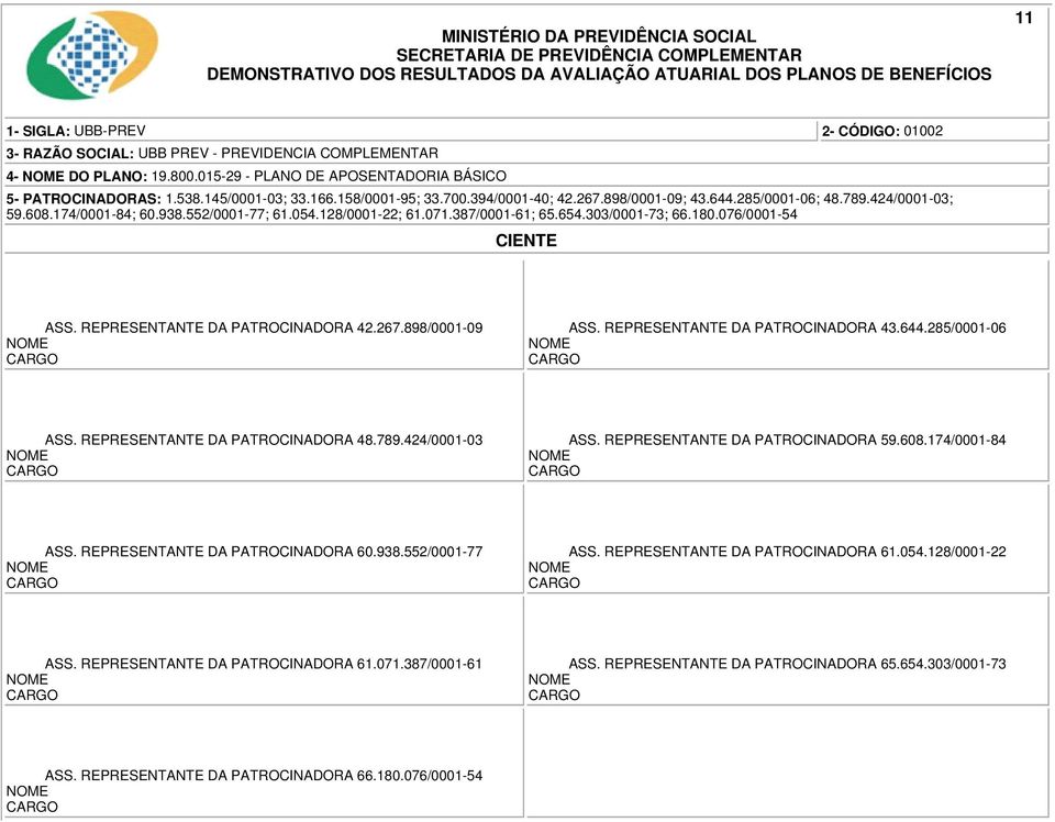 REPRESENTANTE DA PATROCINADORA 59.608.174/0001-84 ASS. REPRESENTANTE DA PATROCINADORA 60.938.552/0001-77 ASS.