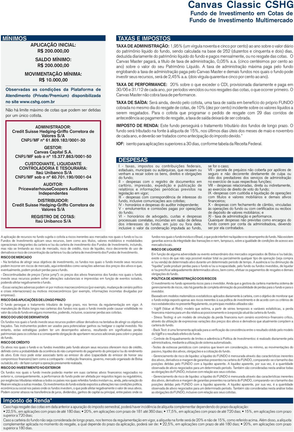 ADMINISTRADOR: Credit Suisse Hedging-Griffo Corretora de Valores S/A CNPJ/MF nº 61.809.182/0001-30 GESTOR: Canvas Capital S.A. CNPJ/MF sob o nº 15.377.