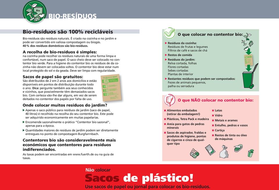 O saco cheio deve ser colocado no contentor bio verde. Para a higiene do contentor bio os resíduos de da cozinha não devem ser colocados soltos.