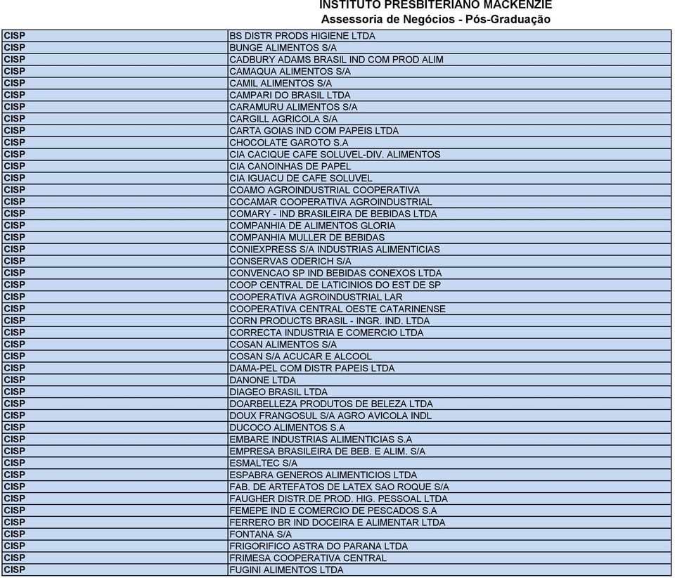 ALIMENTOS CIA CANOINHAS DE PAPEL CIA IGUACU DE CAFE SOLUVEL COAMO AGROINDUSTRIAL COOPERATIVA COCAMAR COOPERATIVA AGROINDUSTRIAL COMARY - IND BRASILEIRA DE BEBIDAS LTDA COMPANHIA DE ALIMENTOS GLORIA