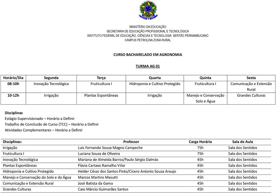 Horário a Definir Irrigação Luis Fernando Souza Magno Campeche 75h Sala dos Sentidos Fruticultura I Luciana Souza de Oliveira 75h Sala dos Sentidos Inovação Tecnológica Mariana de Almeida