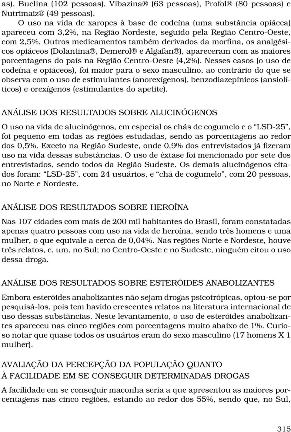 Outros medicamentos também derivados da morfina, os analgésicos opiáceos (Dolantina, Demerol e Algafan ), apareceram com as maiores porcentagens do país na Região Centro-Oeste (4,2%).