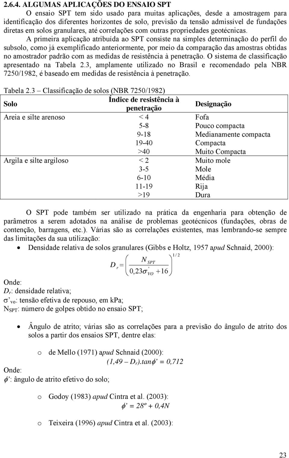 fundações diretas em solos granulares, até correlações com outras propriedades geotécnicas.