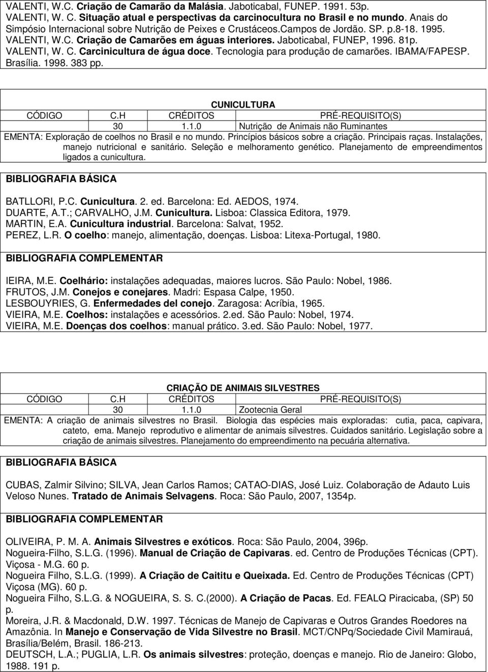 VALENTI, W. C. Carcinicultura de água doce. Tecnologia para produção de camarões. IBAMA/FAPESP. Brasília. 1998. 383 pp. CUNICULTURA 30 1.1.0 Nutrição de Animais não Ruminantes EMENTA: Exploração de coelhos no Brasil e no mundo.