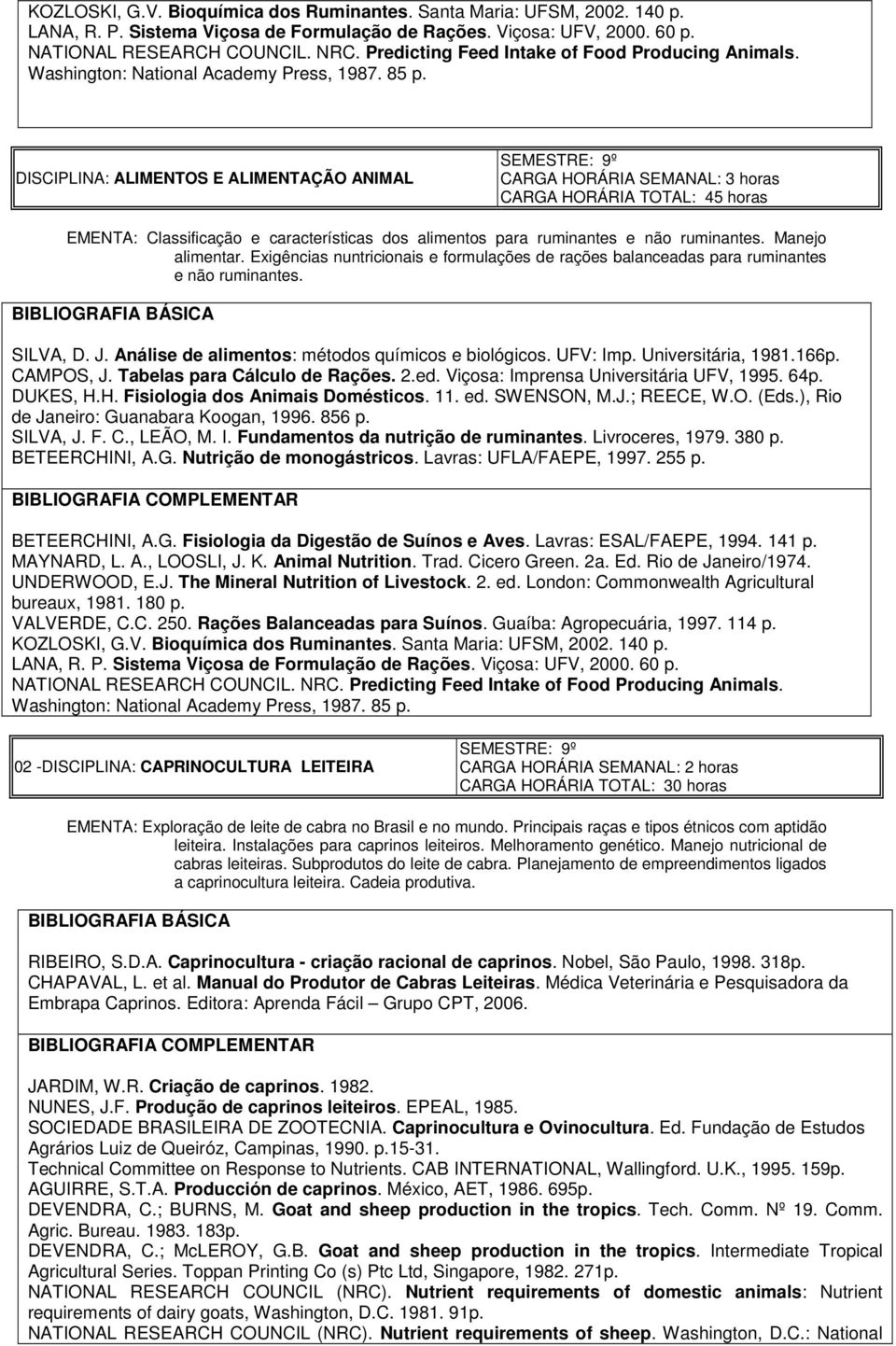 DISCIPLINA: ALIMENTOS E ALIMENTAÇÃO ANIMAL SEMESTRE: 9º CARGA HORÁRIA SEMANAL: 3 horas CARGA HORÁRIA TOTAL: 45 horas EMENTA: Classificação e características dos alimentos para ruminantes e não