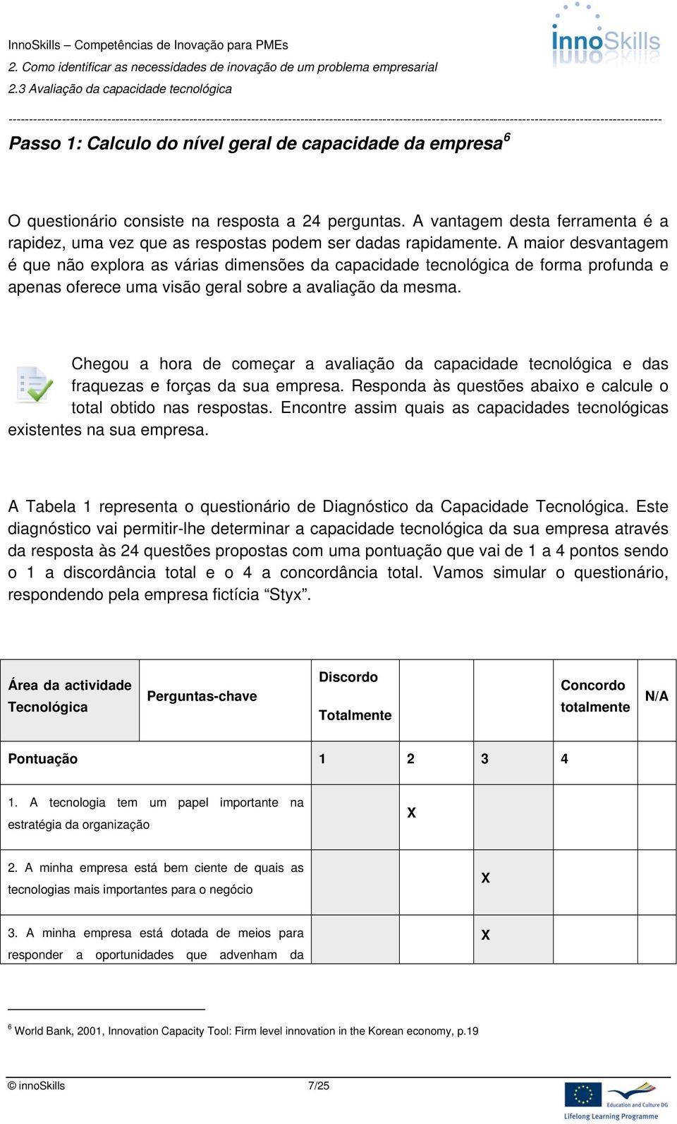 A maior desvantagem é que não explora as várias dimensões da capacidade tecnológica de forma profunda e apenas oferece uma visão geral sobre a avaliação da mesma.