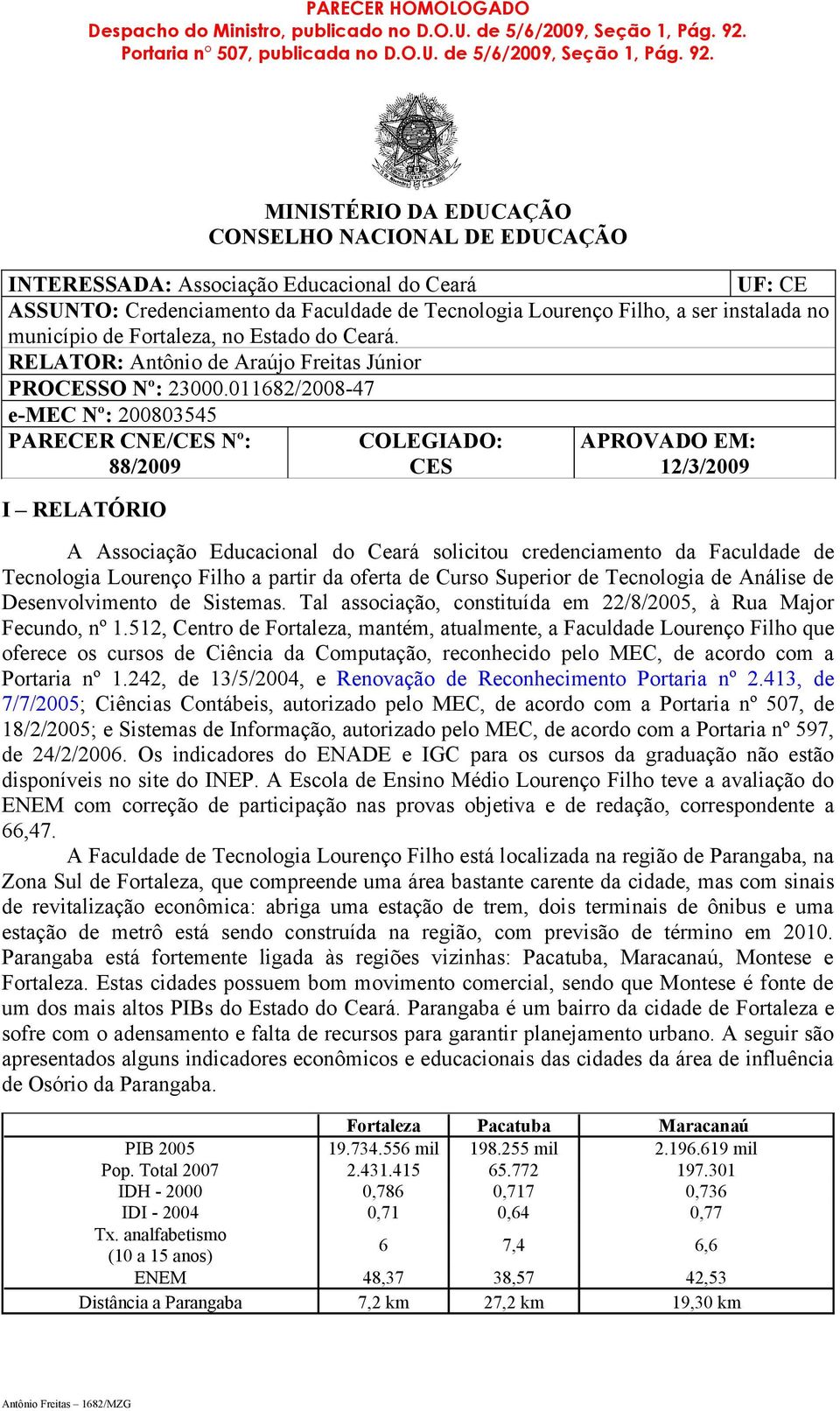 MINISTÉRIO DA EDUCAÇÃO CONSELHO NACIONAL DE EDUCAÇÃO INTERESSADA: Associação Educacional do Ceará UF: CE ASSUNTO: Credenciamento da Faculdade de Tecnologia Lourenço Filho, a ser instalada no