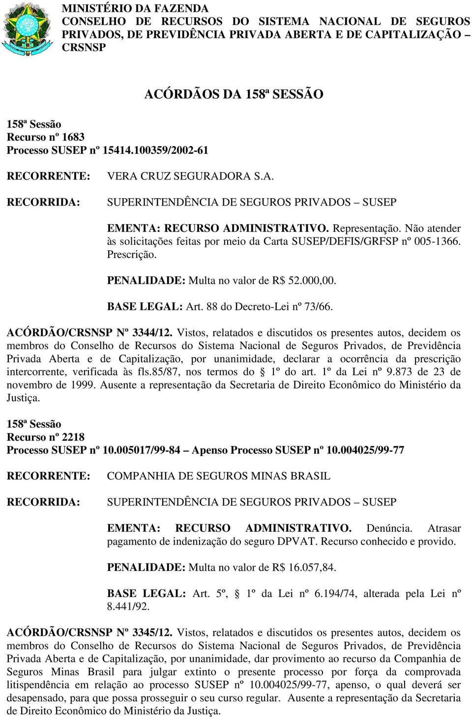 Prescrição. PENALIDADE: Multa no valor de R$ 52.000,00. ACÓRDÃO/CRSNSP Nº 3344/12.