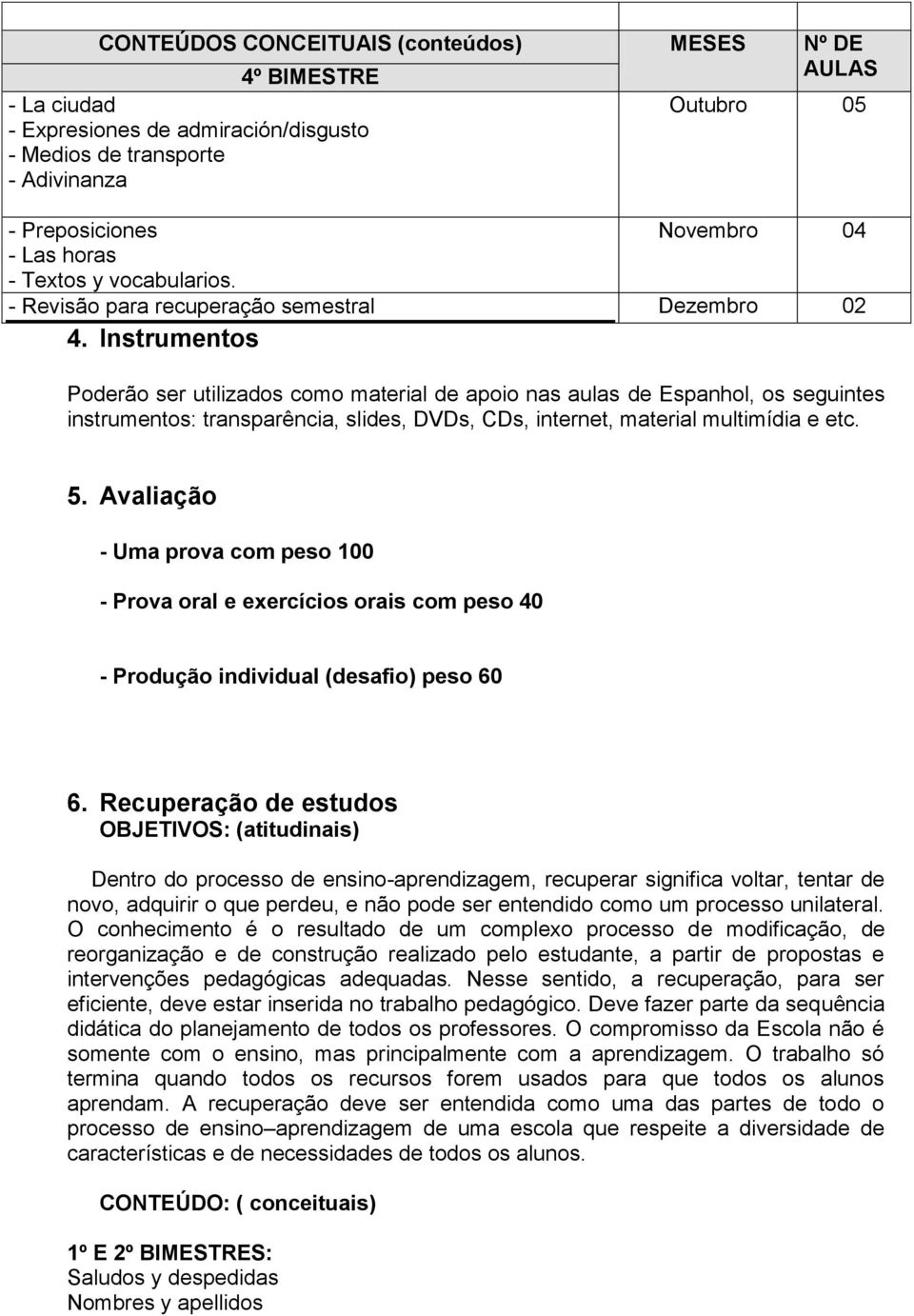 Instrumentos Poderão ser utilizados como material de apoio nas aulas de Espanhol, os seguintes instrumentos: transparência, slides, DVDs, CDs, internet, material multimídia e etc. 5.