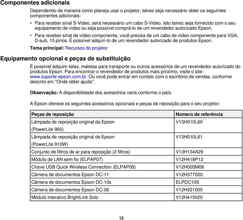 Para receber sinal de vídeo componente, você precisa de um cabo de vídeo componente para VGA, D-sub, 15 pinos. É possível adquiri-lo de um revendedor autorizado de produtos Epson.