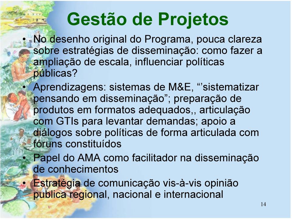 Aprendizagens: sistemas de M&E, sistematizar pensando em disseminação ; preparação de produtos em formatos adequados,, articulação com GTIs