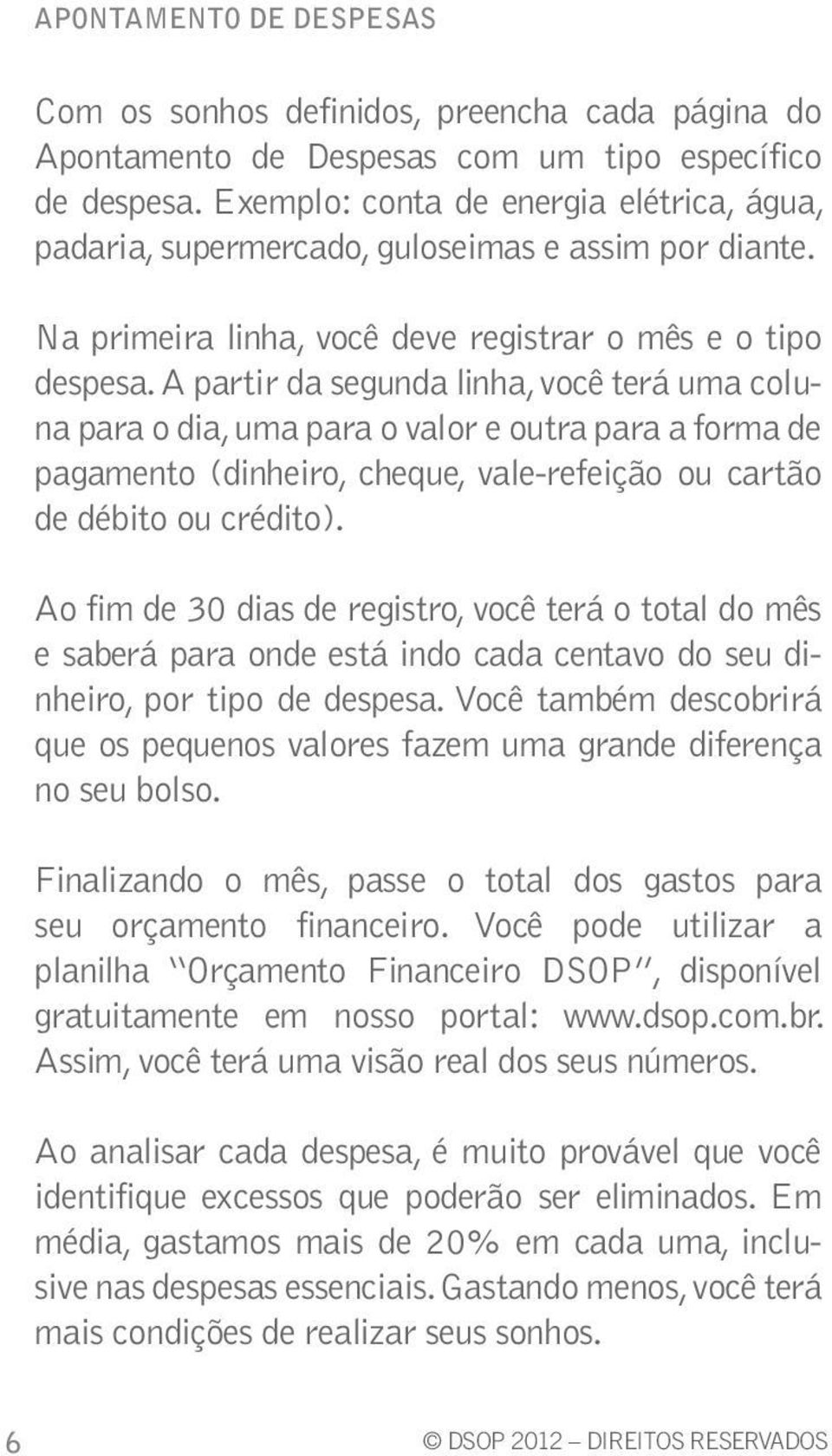 A partir da segunda linha, você terá uma coluna para o dia, uma para o valor e outra para a forma de pagamento (dinheiro, cheque, vale-refeição ou cartão de débito ou crédito).