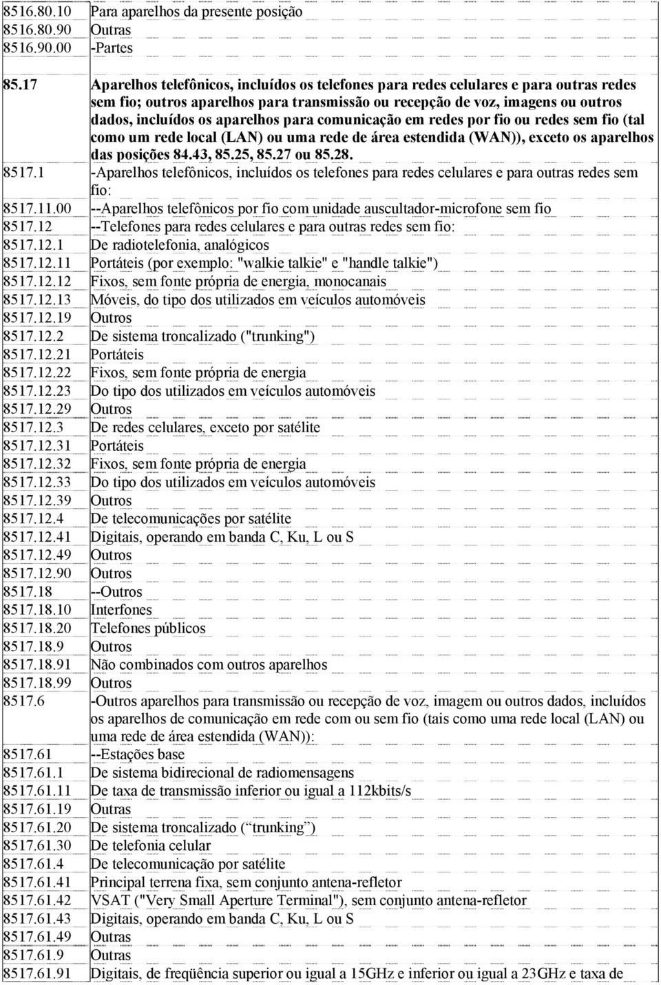 aparelhos para comunicação em redes por fio ou redes sem fio (tal como um rede local (LAN) ou uma rede de área estendida (WAN)), exceto os aparelhos das posições 84.43, 85.25, 85.27 ou 85.28. 8517.