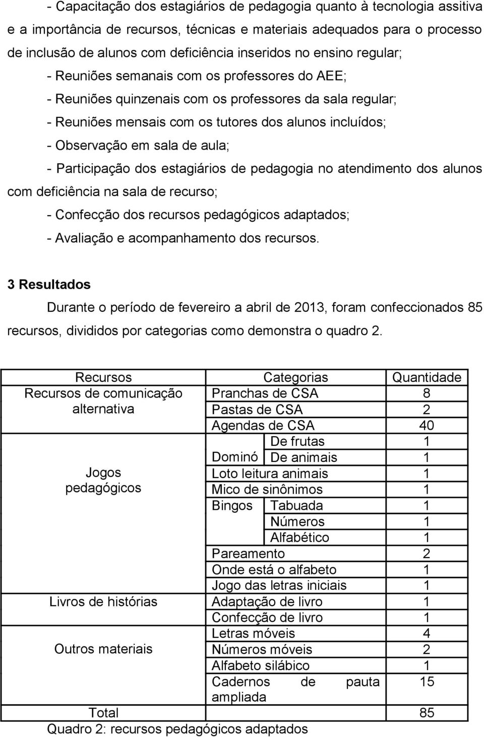 de aula; - Participação dos estagiários de pedagogia no atendimento dos alunos com deficiência na sala de recurso; - Confecção dos recursos pedagógicos adaptados; - Avaliação e acompanhamento dos