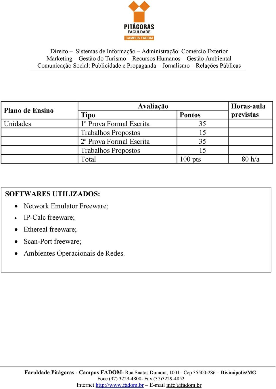 Propostos 15 Total 100 pts 80 h/a SOFTWARES UTILIZADOS: Network Emulator