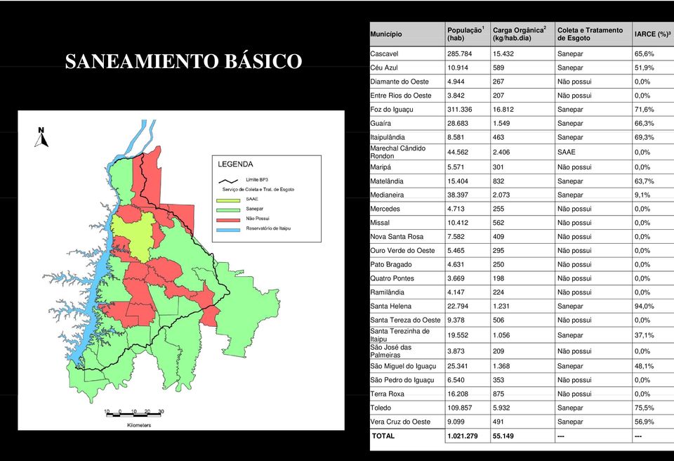 549 Sanepar 66,3% Itaipulândia 8.581 463 Sanepar 69,3% Marechal Cândido Rondon 44.562 2.406 SAAE 0,0% Maripá 5.571 301 Não possui 0,0% Matelândia 15.404 832 Sanepar 63,7% Medianeira 38.397 2.