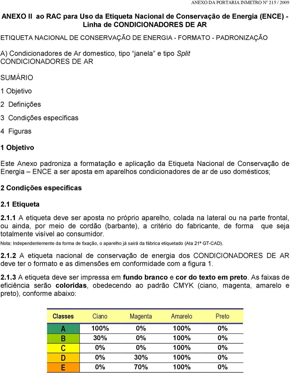 Nacional de Conservação de Energia ENCE a ser aposta em aparelhos condicionadores de ar de uso domésticos; 2 Condições específicas 2.1 