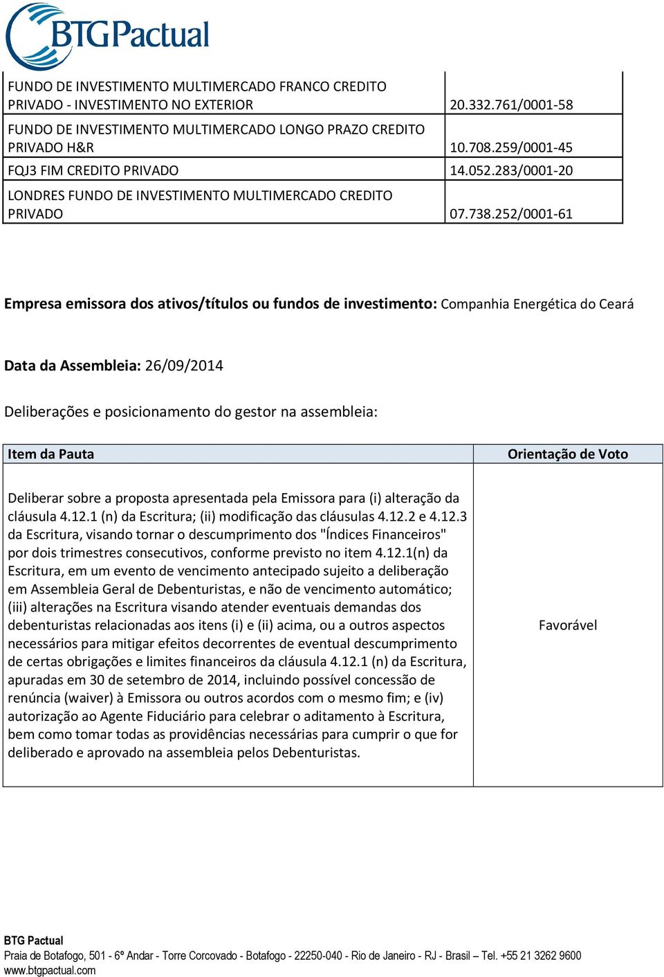 252/0001-61 Empresa emissora dos ativos/títulos ou fundos de investimento: Companhia Energética do Ceará Data da Assembleia: 26/09/2014 Deliberações e posicionamento do gestor na assembleia: