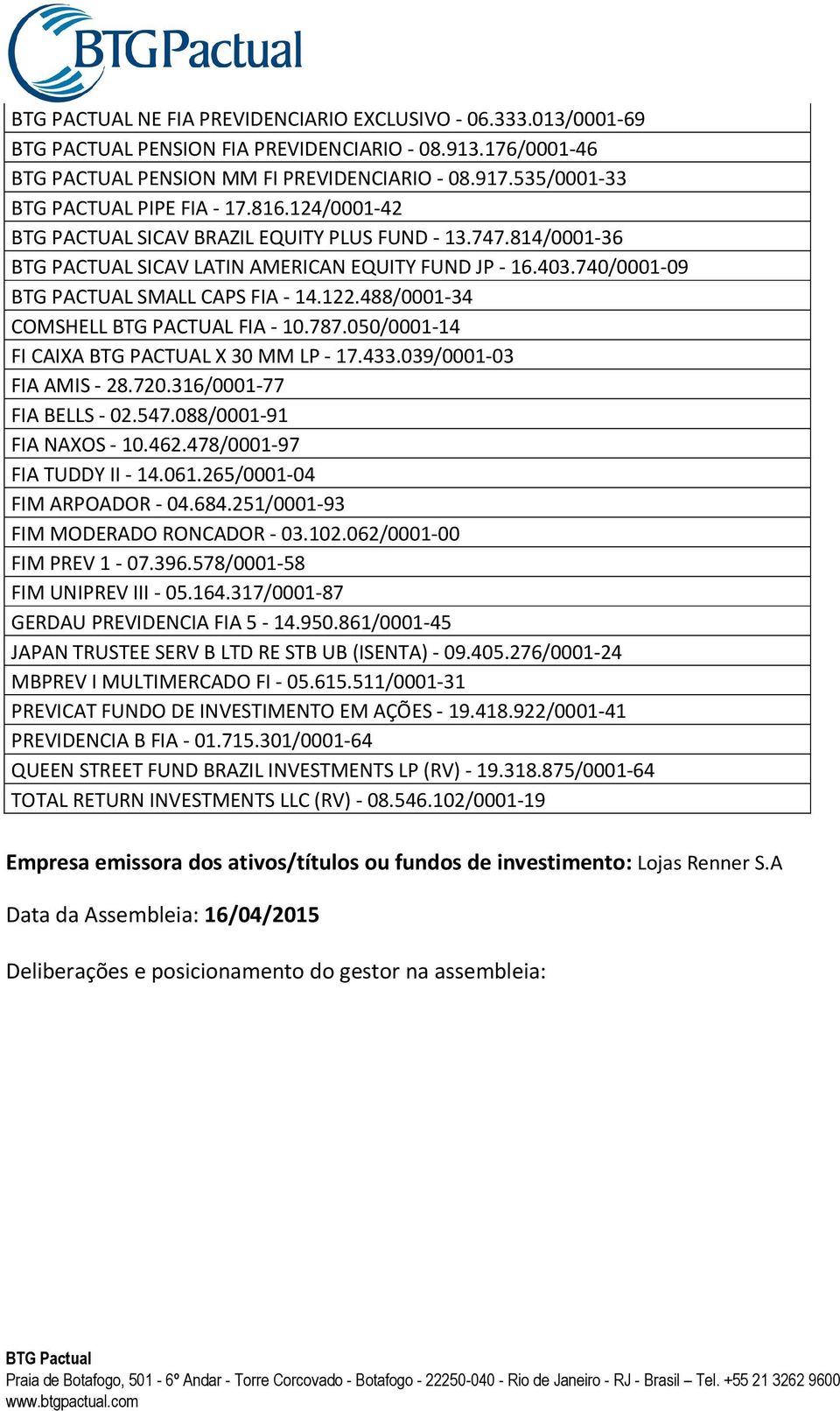 740/0001-09 BTG PACTUAL SMALL CAPS FIA - 14.122.488/0001-34 COMSHELL BTG PACTUAL FIA - 10.787.050/0001-14 FI CAIXA BTG PACTUAL X 30 MM LP - 17.433.039/0001-03 FIA AMIS - 28.720.