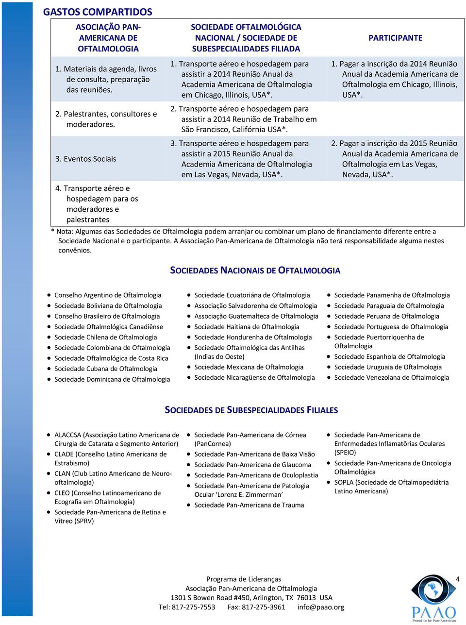 Transporte aéreo e hospedagem para assistir a 2014 Reunião Anual da Academia Americana de Oftalmologia em Chicago, Illinois, USA*. 2. Transporte aéreo e hospedagem para assistir a 2014 Reunião de Trabalho em São Francisco, Califórnia USA*.