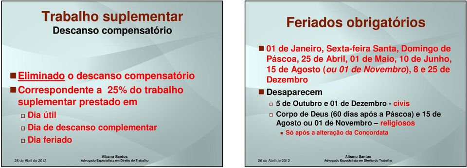 de Páscoa, 25 de Abril, 01 de Maio, 10 de Junho, 15 de Agosto (ou 01 de Novembro), 8 e 25 de Dezembro Desaparecem 5 de Outubro e