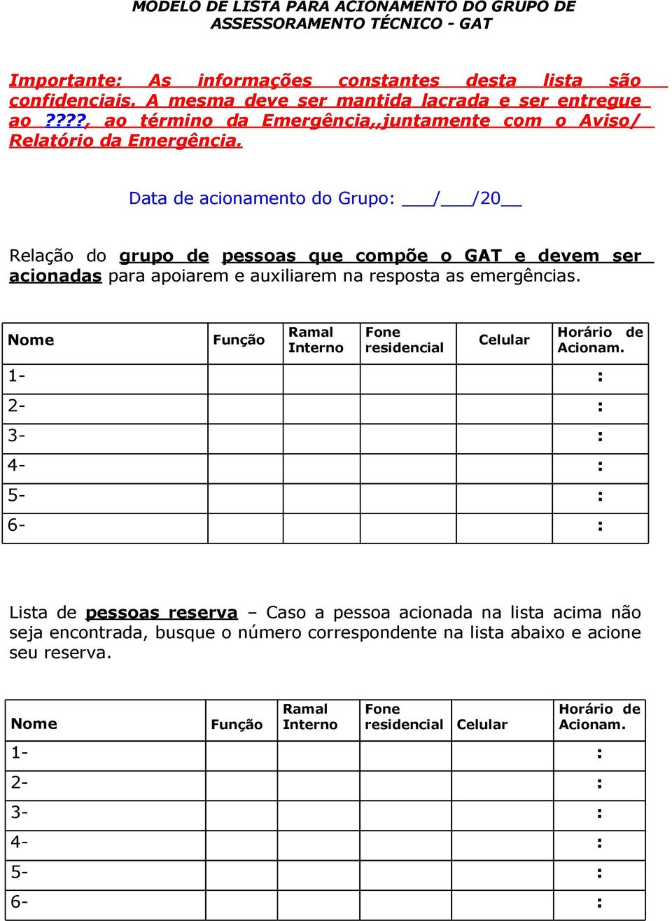 Data de acionamento do Grupo / /20 Relação do grupo de pessoas que compõe o GAT e devem ser acionadas para apoiarem e auxiliarem na resposta as emergências.