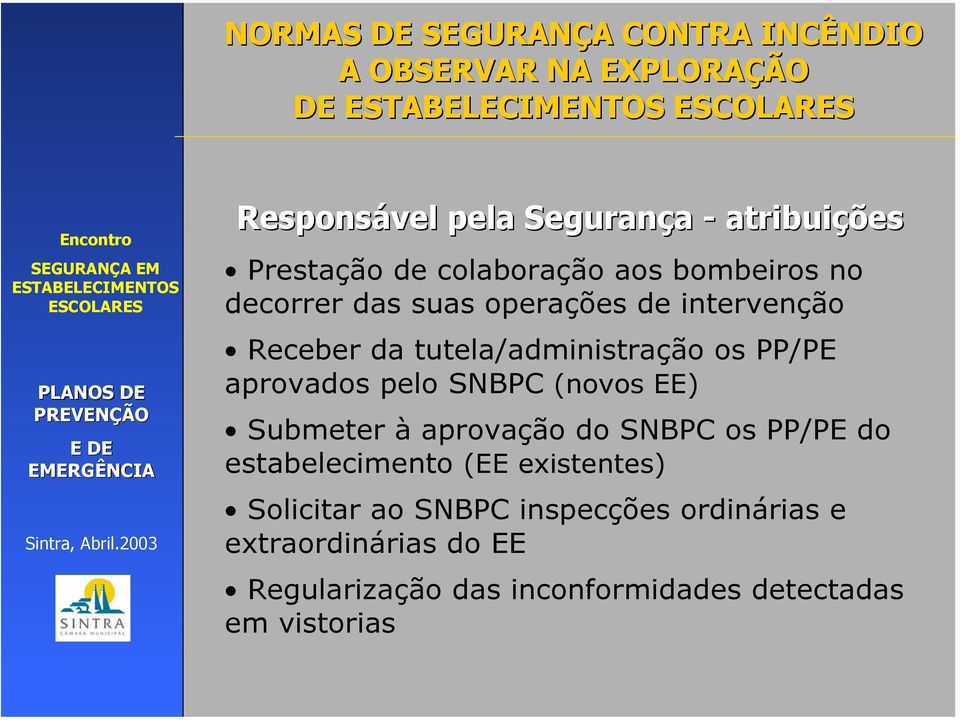 EE) Submeter à aprovação do SNBPC os PP/PE do estabelecimento (EE existentes) Solicitar ao SNBPC