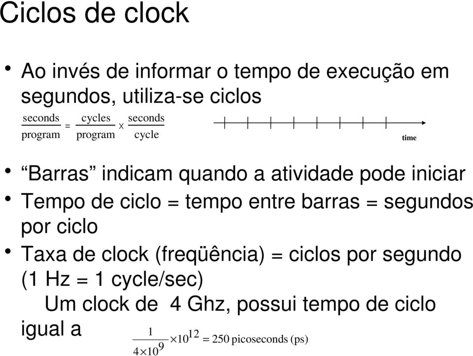 ciclo = tempo entre barras = segundos por ciclo Taxa de clock (freqüência) = ciclos por segundo (1