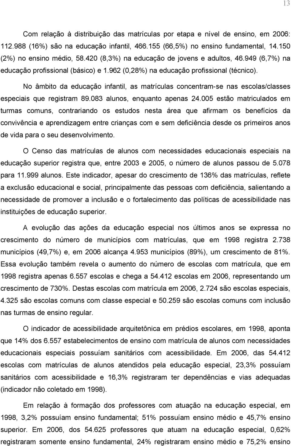 No âmbito da educação infantil, as matrículas concentram-se nas escolas/classes especiais que registram 89.083 alunos, enquanto apenas 24.