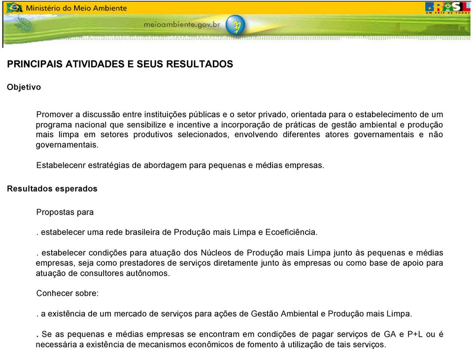 Estabelecenr estratégias de abordagem para pequenas e médias empresas. Resultados esperados Propostas para. estabelecer uma rede brasileira de Produção mais Limpa e Ecoeficiência.