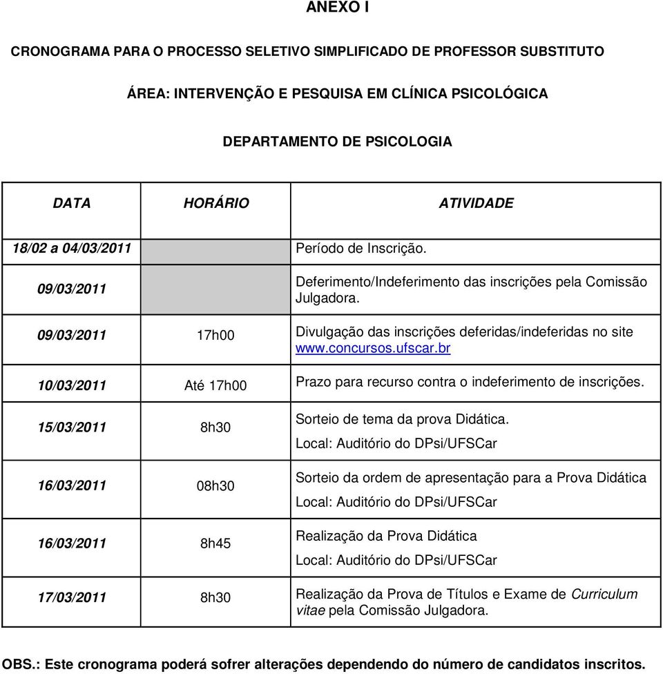 ufscar.br 10/03/2011 Até 17h00 Prazo para recurso contra o indeferimento de inscrições. 15/03/2011 8h30 16/03/2011 08h30 16/03/2011 8h45 Sorteio de tema da prova Didática.